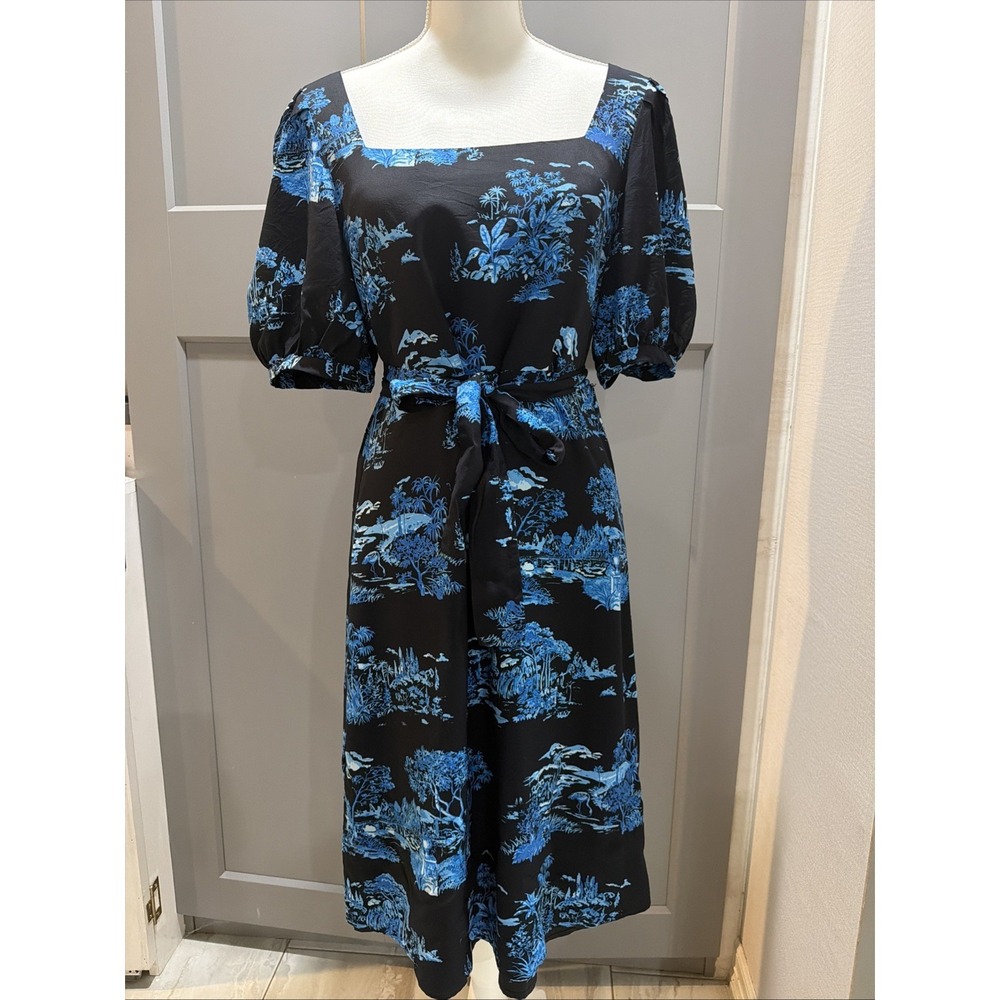 Ann Taylor Midi Dress Women 6 Black Blue Asian Pattern Floral Belted Square Neck